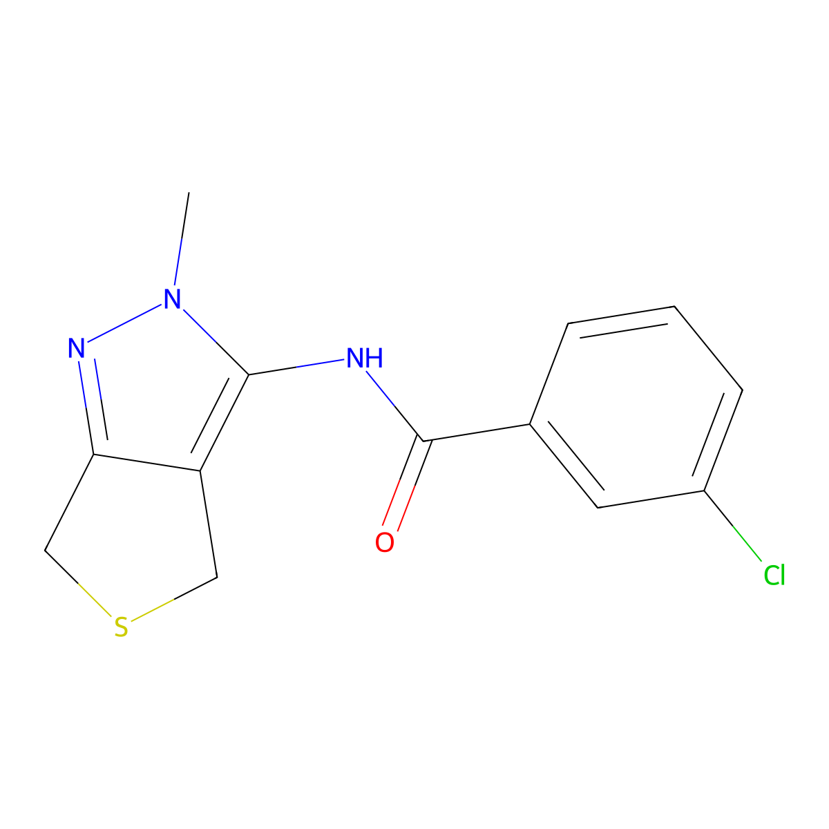 3-chloro-N-(2-methyl-2,6-dihydro-4H-thieno[3,4-c]pyrazol-3-yl)benzamide molecular structure, CAS 1351688-82-8