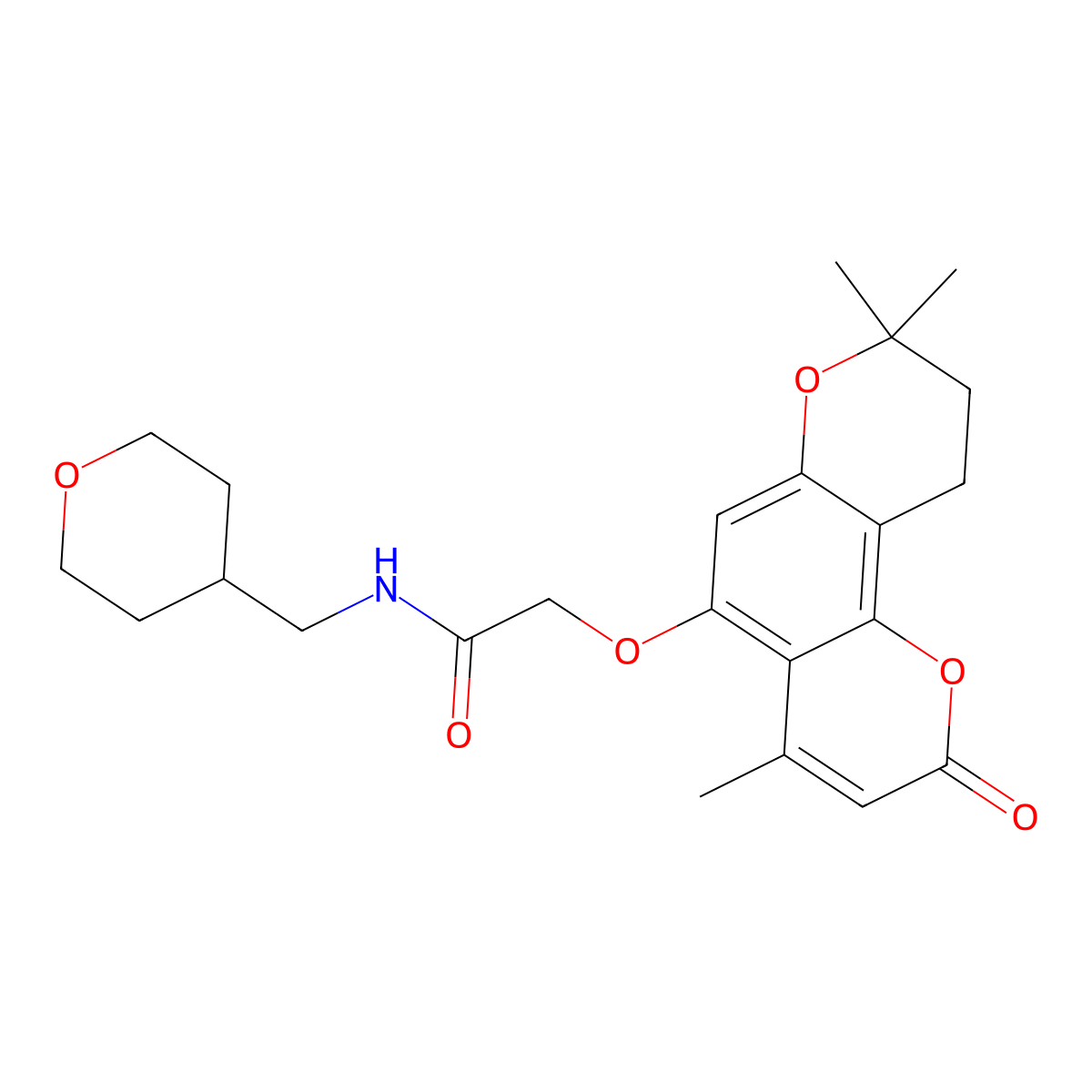 N-(tetrahydro-2H-pyran-4-ylmethyl)-2-[(4,8,8-trimethyl-2-oxo-9,10-dihydro-2H,8H-pyrano[2,3-f]chromen-5-yl)oxy]acetamide molecular structure, CAS 1351688-85-1