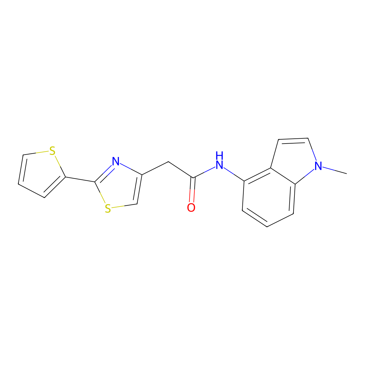 N-(1-methyl-1H-indol-4-yl)-2-[2-(thiophen-2-yl)-1,3-thiazol-4-yl]acetamide molecular structure, CAS 1351688-86-2