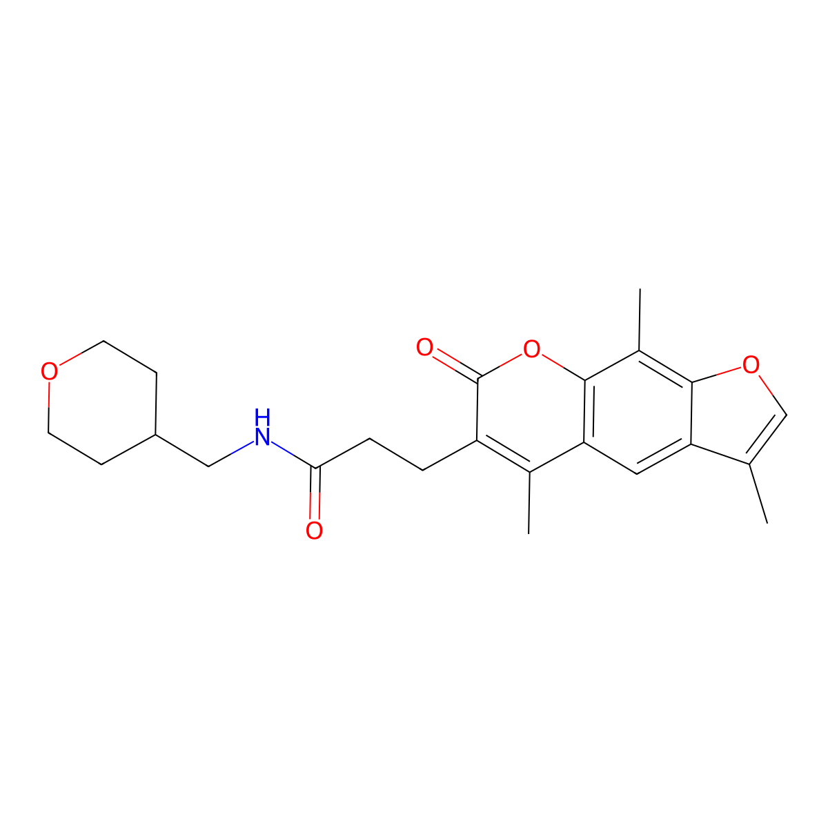 N-(tetrahydro-2H-pyran-4-ylmethyl)-3-(3,5,9-trimethyl-7-oxo-7H-furo[3,2-g]chromen-6-yl)propanamide molecular structure, CAS 1351690-77-1