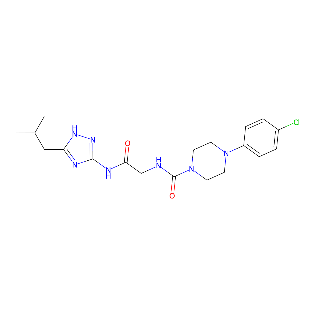 4-(4-chlorophenyl)-N-(2-{[3-(2-methylpropyl)-1H-1,2,4-triazol-5-yl]amino}-2-oxoethyl)piperazine-1-carboxamide molecular structure, CAS 1351690-92-0