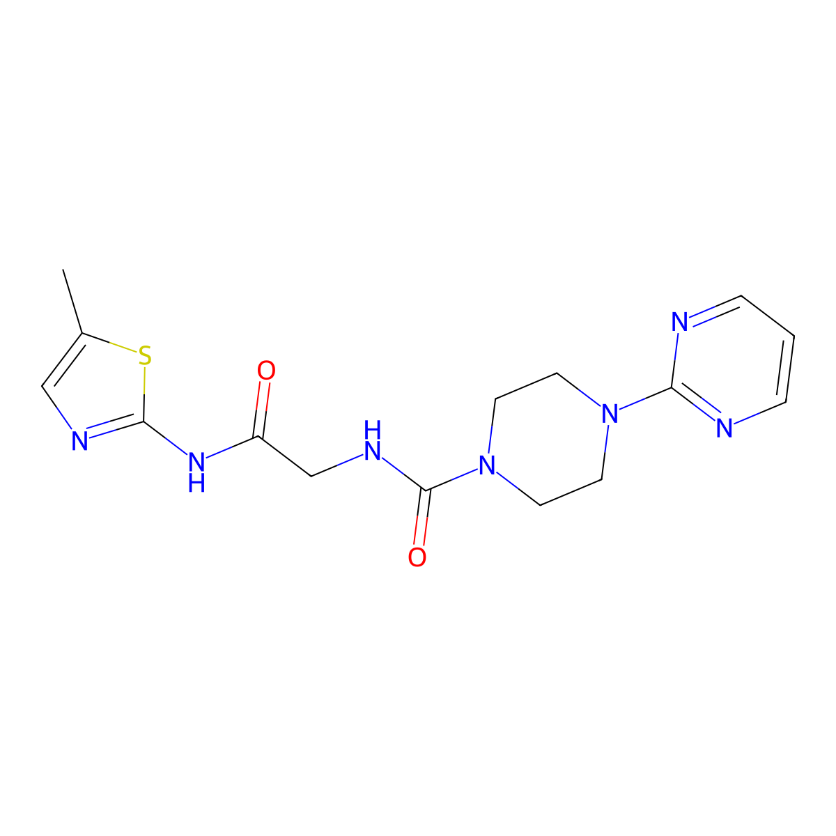 N-{2-[(5-methyl-1,3-thiazol-2-yl)amino]-2-oxoethyl}-4-(pyrimidin-2-yl)piperazine-1-carboxamide molecular structure, CAS 1351691-47-8
