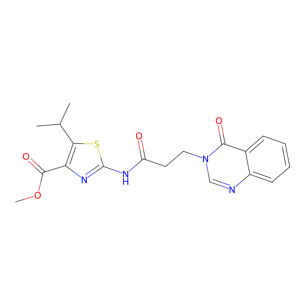 methyl 2-{[3-(4-oxoquinazolin-3(4H)-yl)propanoyl]amino}-5-(propan-2-yl)-1,3-thiazole-4-carboxylate molecular structure, CAS 1351691-53-6