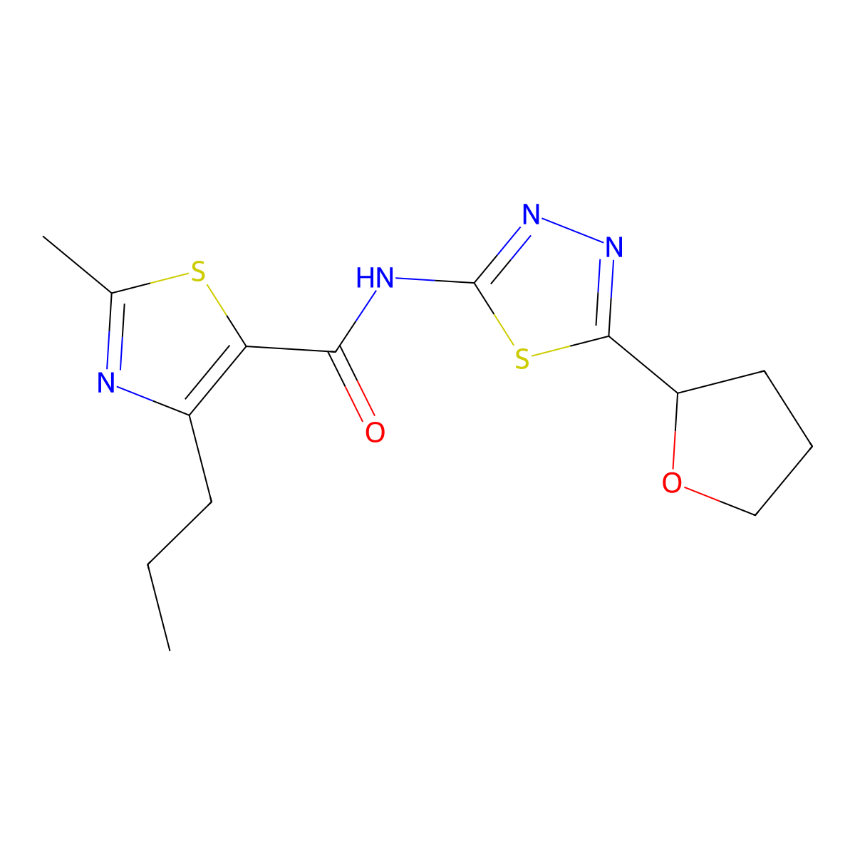 2-methyl-4-propyl-N-(5-(tetrahydrofuran-2-yl)-1,3,4-thiadiazol-2-yl)thiazole-5-carboxamide molecular structure, CAS 1351693-20-3