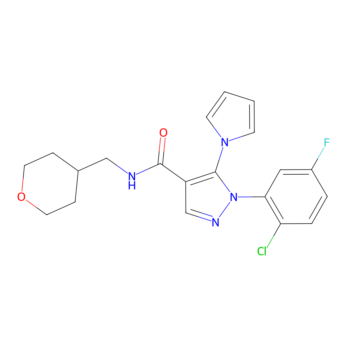 1-(2-chloro-5-fluorophenyl)-5-(1H-pyrrol-1-yl)-N-(tetrahydro-2H-pyran-4-ylmethyl)-1H-pyrazole-4-carboxamide molecular structure, CAS 1351693-61-2