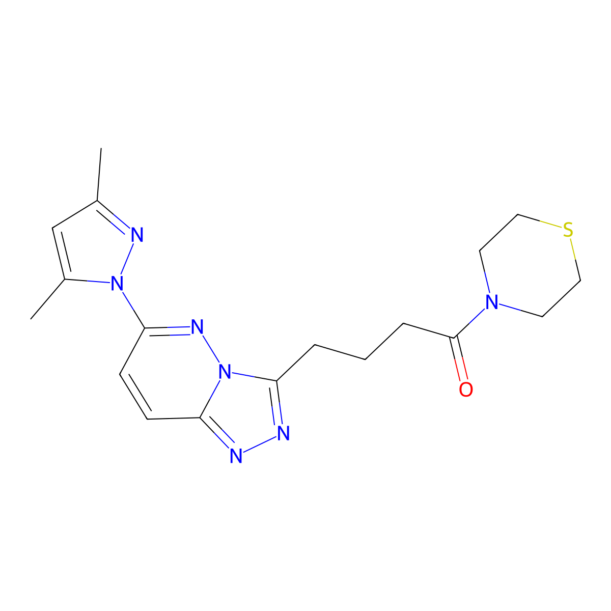4-[6-(3,5-dimethyl-1H-pyrazol-1-yl)[1,2,4]triazolo[4,3-b]pyridazin-3-yl]-1-(thiomorpholin-4-yl)butan-1-one molecular structure, CAS 1351693-89-4