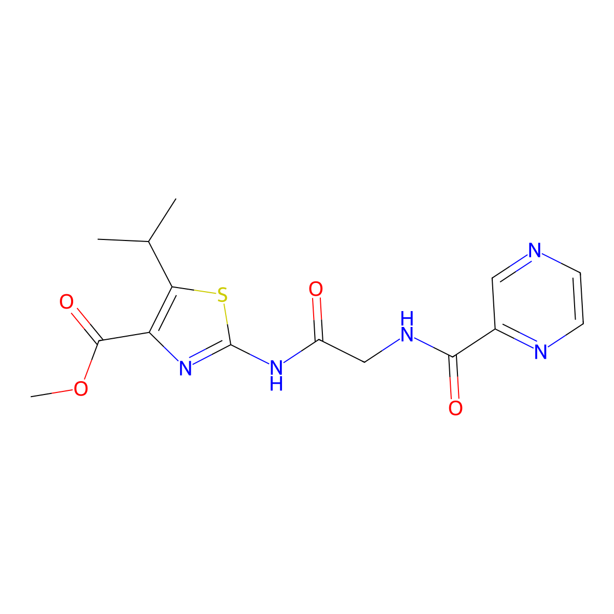 Methyl 5-isopropyl-2-(2-(pyrazine-2-carboxamido)acetamido)thiazole-4-carboxylate molecular structure, CAS 1351694-10-4