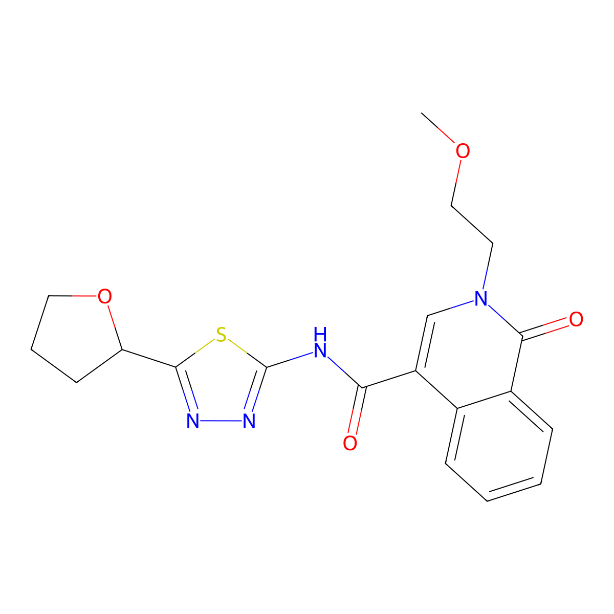 2-(2-methoxyethyl)-1-oxo-N-(5-(tetrahydrofuran-2-yl)-1,3,4-thiadiazol-2-yl)-1,2-dihydroisoquinoline-4-carboxamide molecular structure, CAS 1351694-46-6