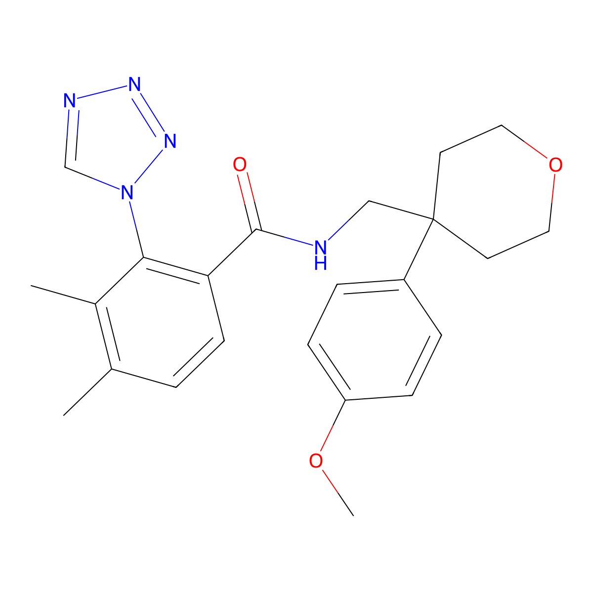 N-{[4-(4-methoxyphenyl)tetrahydro-2H-pyran-4-yl]methyl}-3,4-dimethyl-2-(1H-tetrazol-1-yl)benzamide molecular structure, CAS 1351695-21-0