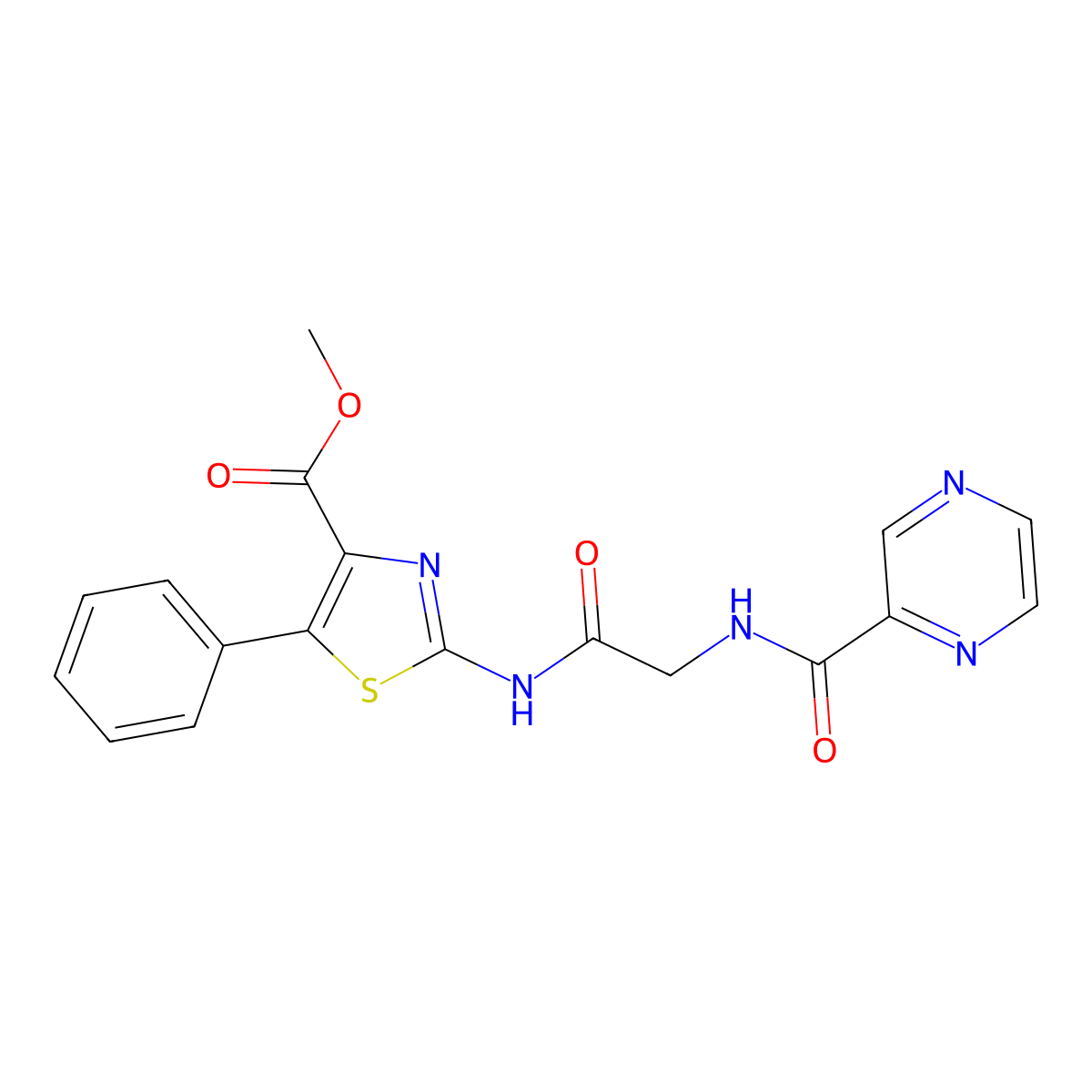 Methyl 5-phenyl-2-(2-(pyrazine-2-carboxamido)acetamido)thiazole-4-carboxylate molecular structure, CAS 1351695-22-1