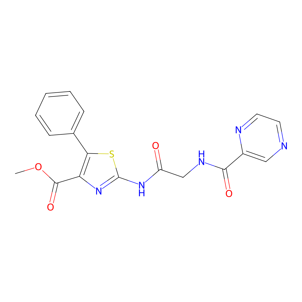 Methyl 5-phenyl-2-(2-(pyrazine-2-carboxamido)acetamido)thiazole-4-carboxylate molecular structure, CAS 1351695-22-1