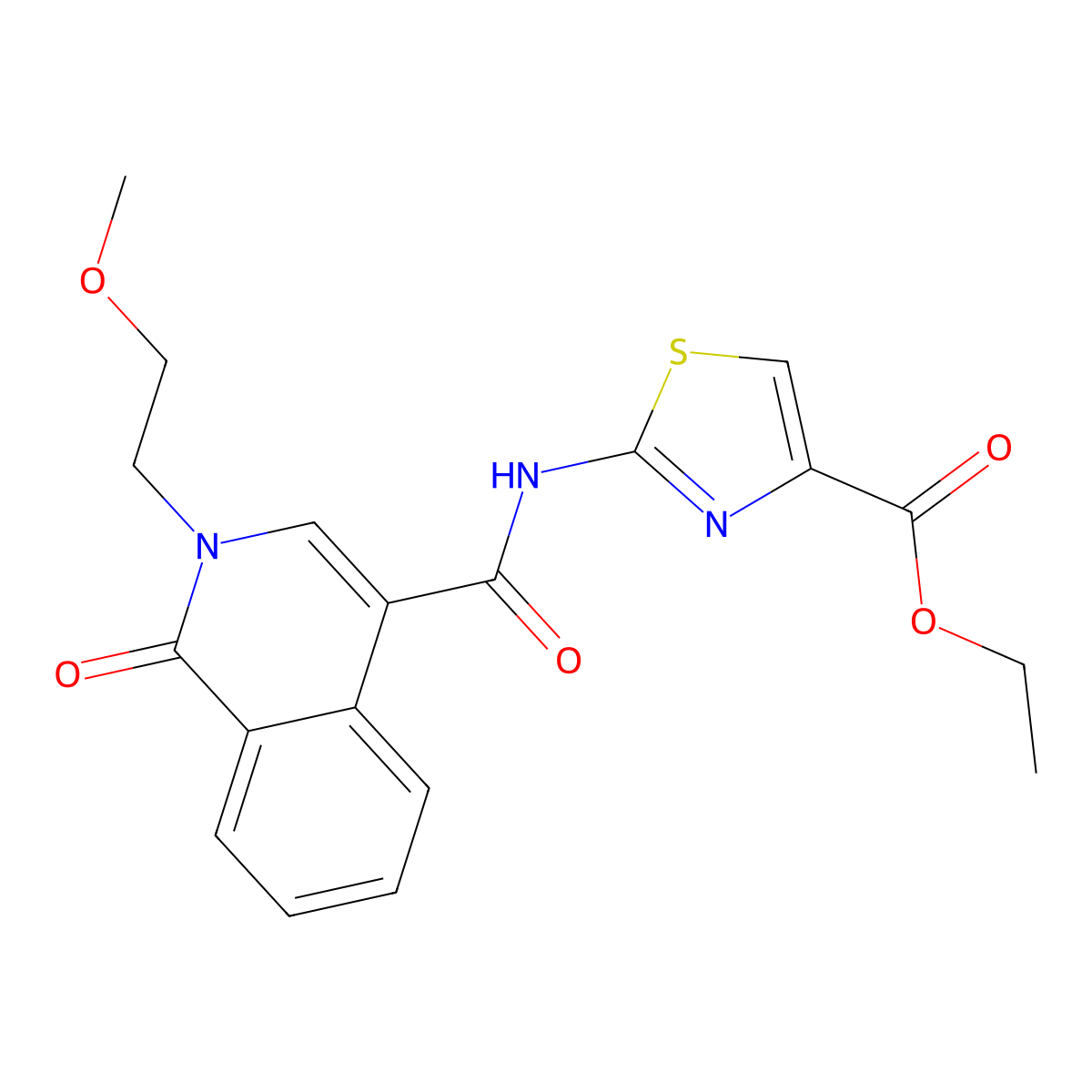 Ethyl 2-({[2-(2-methoxyethyl)-1-oxo-1,2-dihydroisoquinolin-4-yl]carbonyl}amino)-1,3-thiazole-4-carboxylate molecular structure, CAS 1351695-39-0