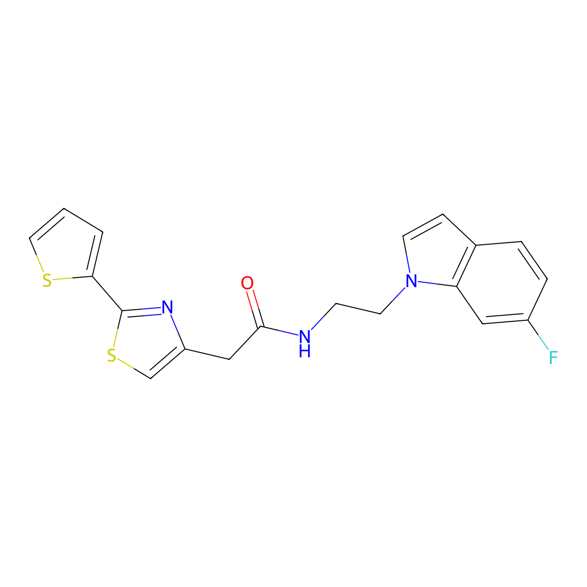 N-[2-(6-fluoro-1H-indol-1-yl)ethyl]-2-[2-(thiophen-2-yl)-1,3-thiazol-4-yl]acetamide molecular structure, CAS 1351695-62-9