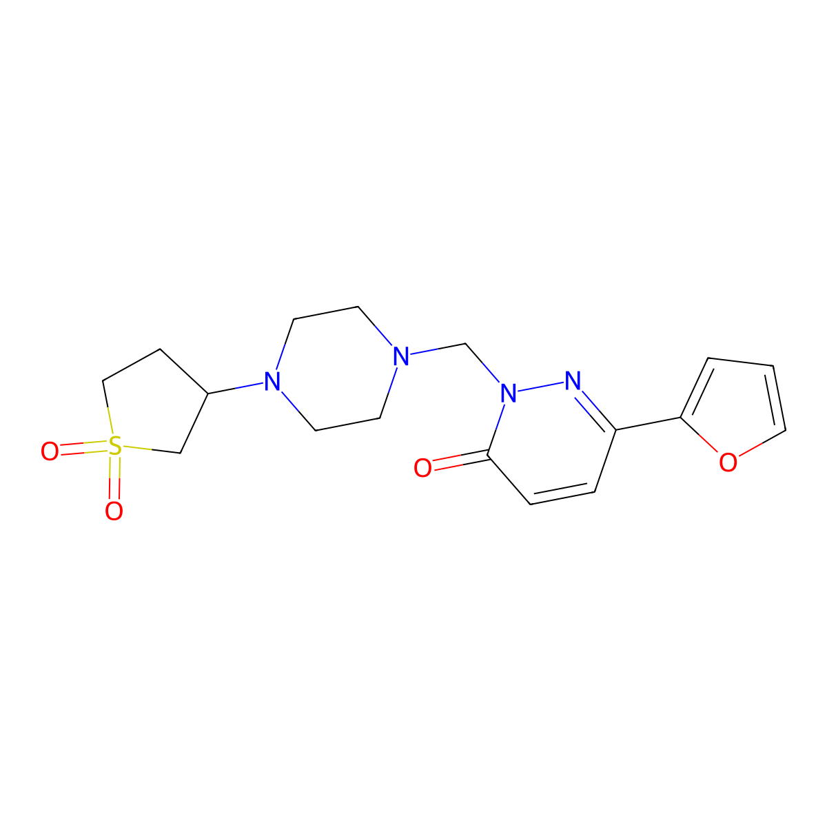 2-((4-(1,1-dioxidotetrahydrothiophen-3-yl)piperazin-1-yl)methyl)-6-(furan-2-yl)pyridazin-3(2H)-one molecular structure, CAS 1351695-68-5