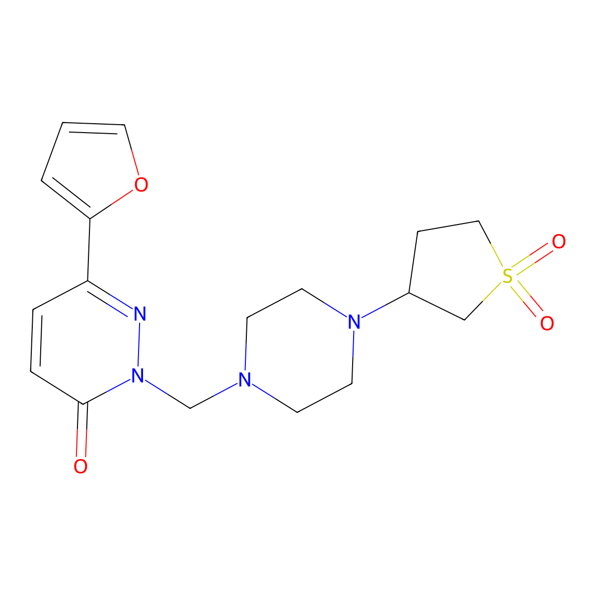 2-((4-(1,1-dioxidotetrahydrothiophen-3-yl)piperazin-1-yl)methyl)-6-(furan-2-yl)pyridazin-3(2H)-one molecular structure, CAS 1351695-68-5