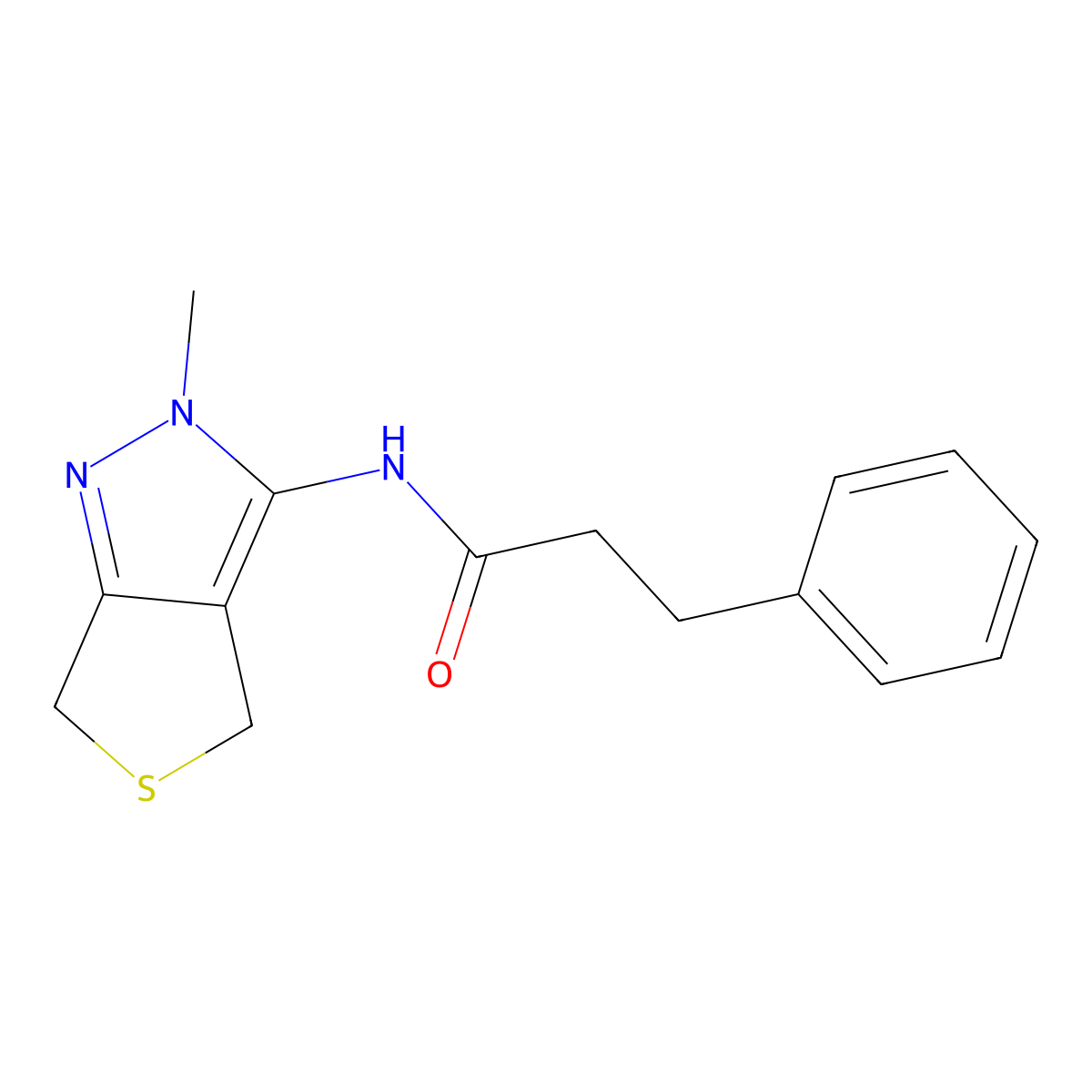 N-(2-methyl-2,6-dihydro-4H-thieno[3,4-c]pyrazol-3-yl)-3-phenylpropanamide molecular structure, CAS 1351695-75-4