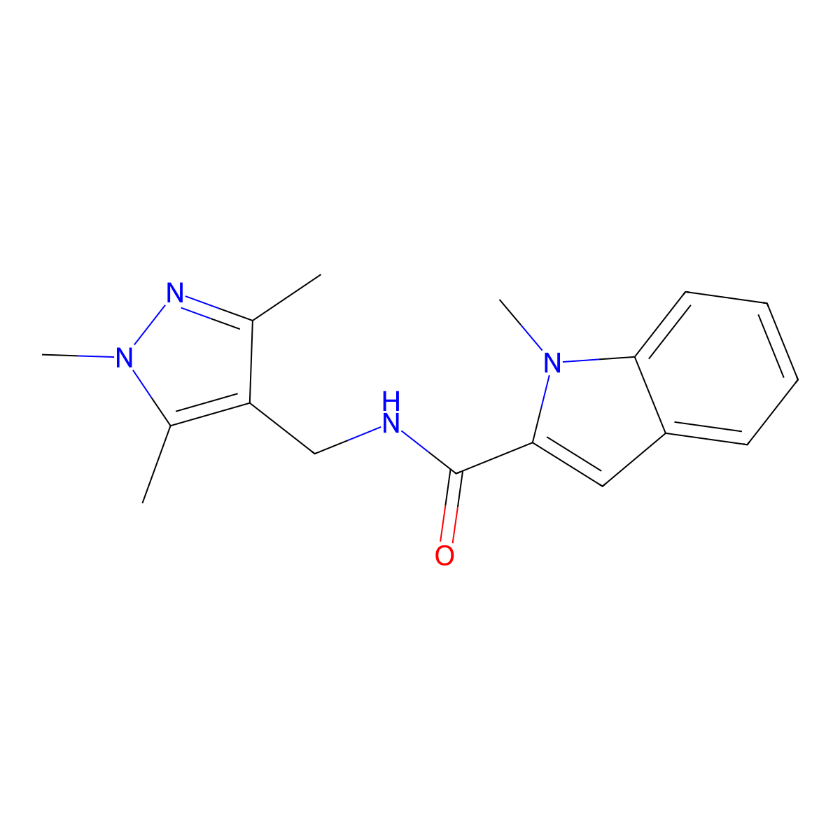 1-methyl-N-[(1,3,5-trimethyl-1H-pyrazol-4-yl)methyl]-1H-indole-2-carboxamide molecular structure, CAS 1351695-95-8