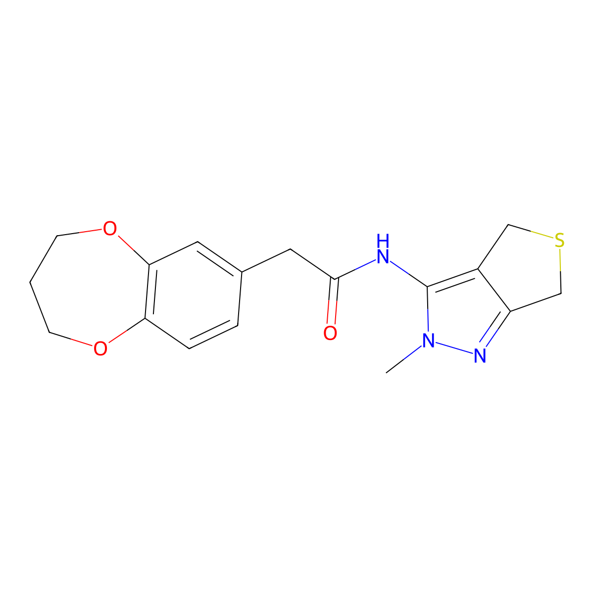 2-(3,4-dihydro-2H-1,5-benzodioxepin-7-yl)-N-(2-methyl-2,6-dihydro-4H-thieno[3,4-c]pyrazol-3-yl)acetamide molecular structure, CAS 1351696-34-8