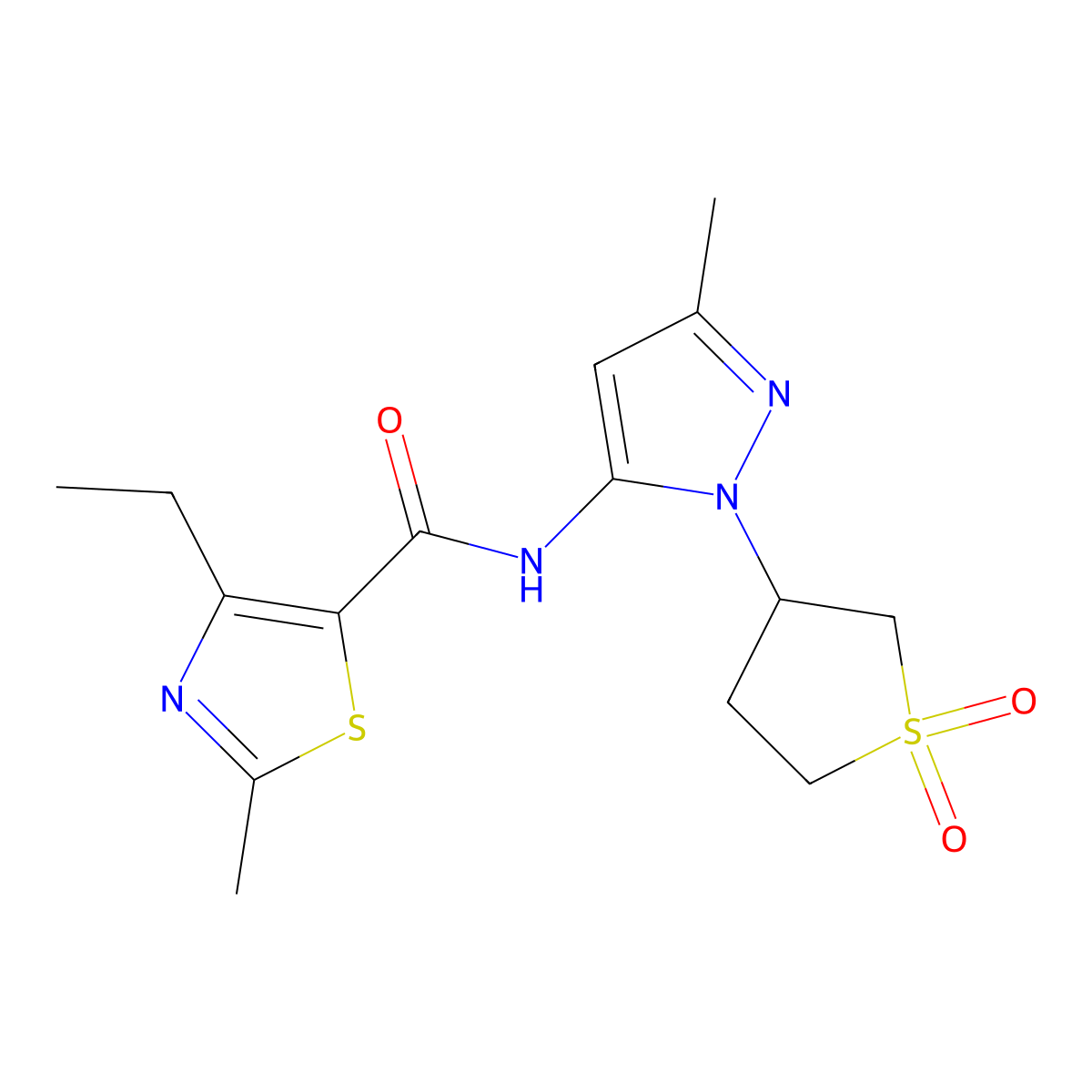 N-[1-(1,1-dioxidotetrahydrothiophen-3-yl)-3-methyl-1H-pyrazol-5-yl]-4-ethyl-2-methyl-1,3-thiazole-5-carboxamide molecular structure, CAS 1351696-44-0
