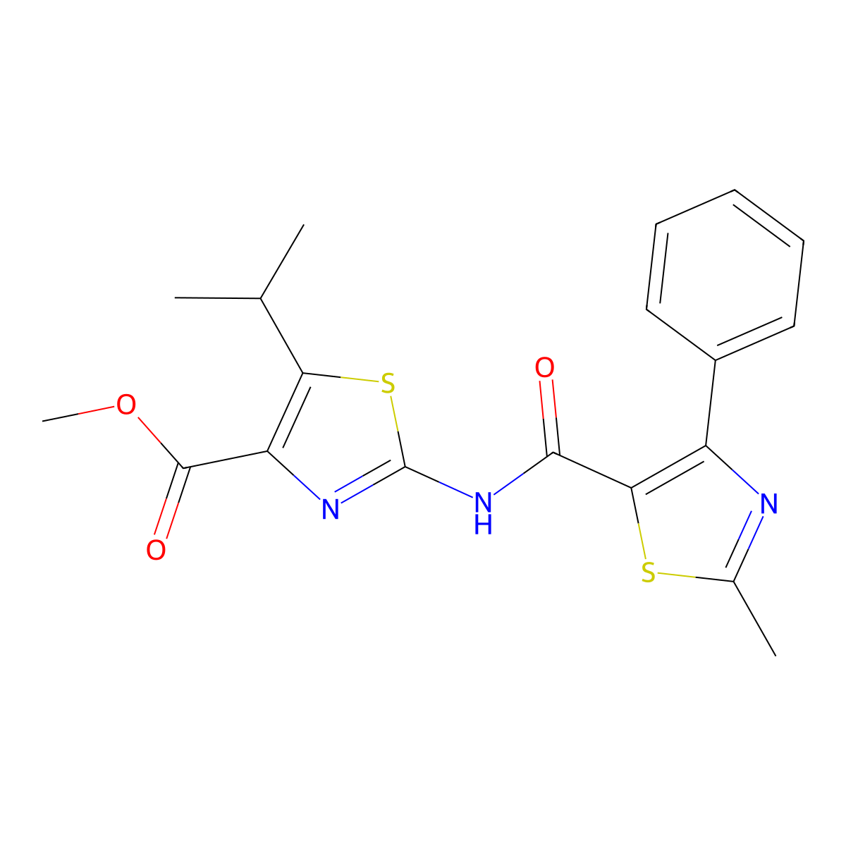 Methyl 2-{[(2-methyl-4-phenyl-1,3-thiazol-5-yl)carbonyl]amino}-5-(propan-2-yl)-1,3-thiazole-4-carboxylate molecular structure, CAS 1351696-95-1