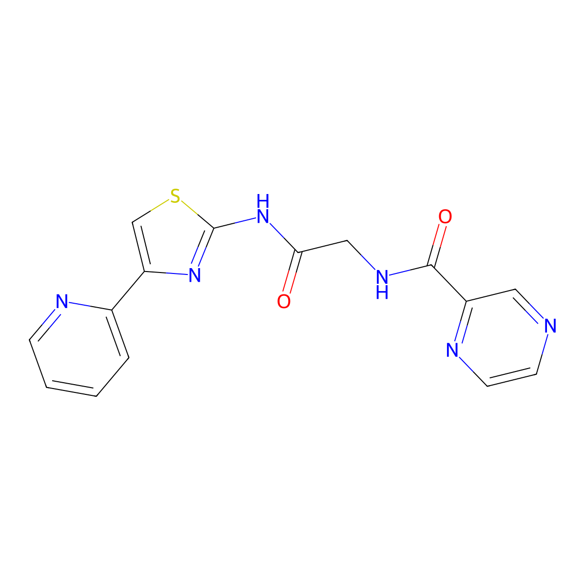 N-(2-oxo-2-((4-(pyridin-2-yl)thiazol-2-yl)amino)ethyl)pyrazine-2-carboxamide molecular structure, CAS 1351697-47-6