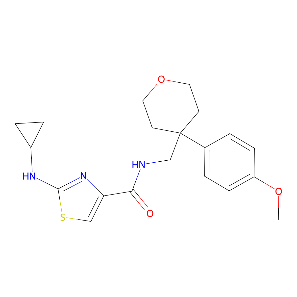 2-(cyclopropylamino)-N-{[4-(4-methoxyphenyl)tetrahydro-2H-pyran-4-yl]methyl}-1,3-thiazole-4-carboxamide molecular structure, CAS 1351697-94-3