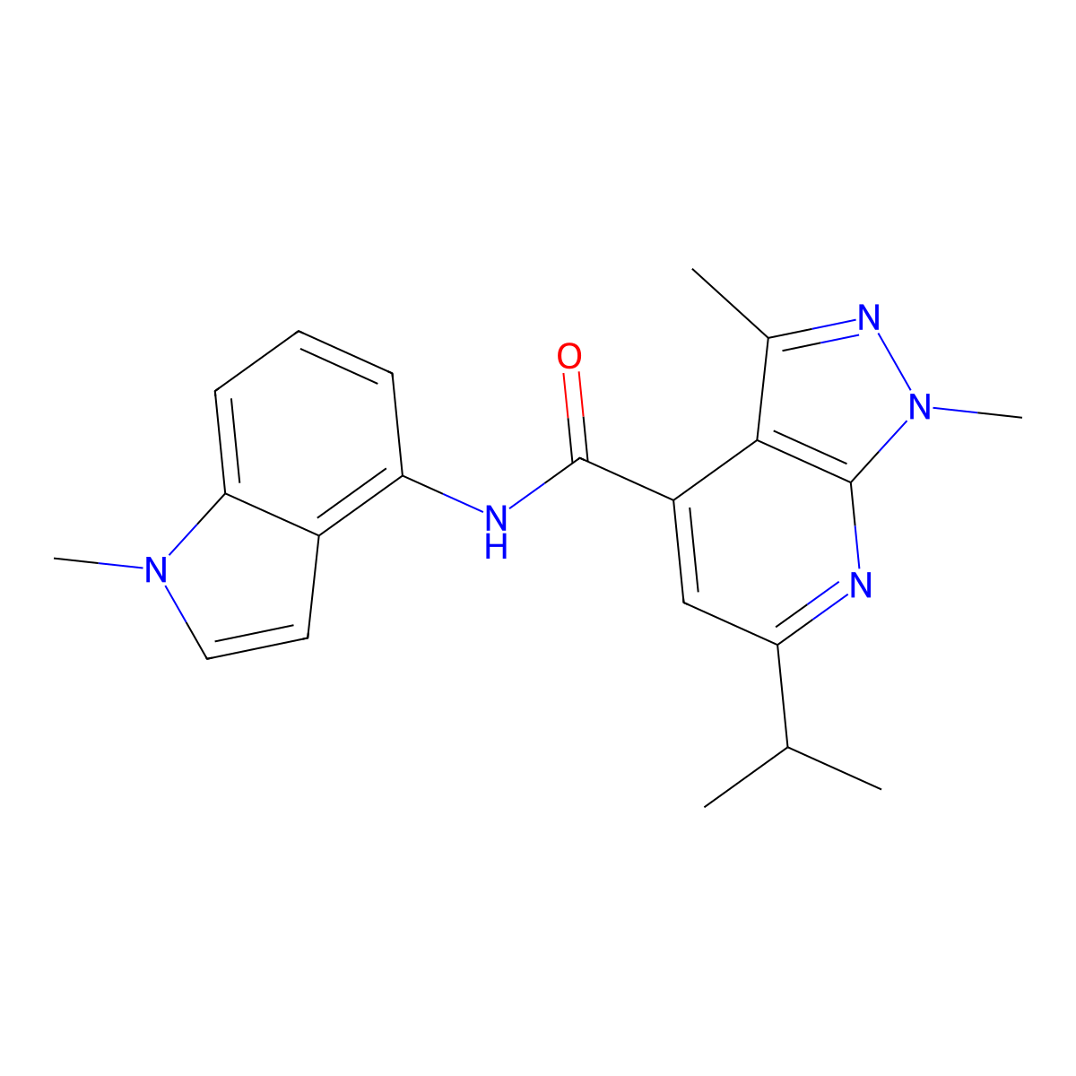 1,3-dimethyl-N-(1-methyl-1H-indol-4-yl)-6-(propan-2-yl)-1H-pyrazolo[3,4-b]pyridine-4-carboxamide molecular structure, CAS 1351698-33-3
