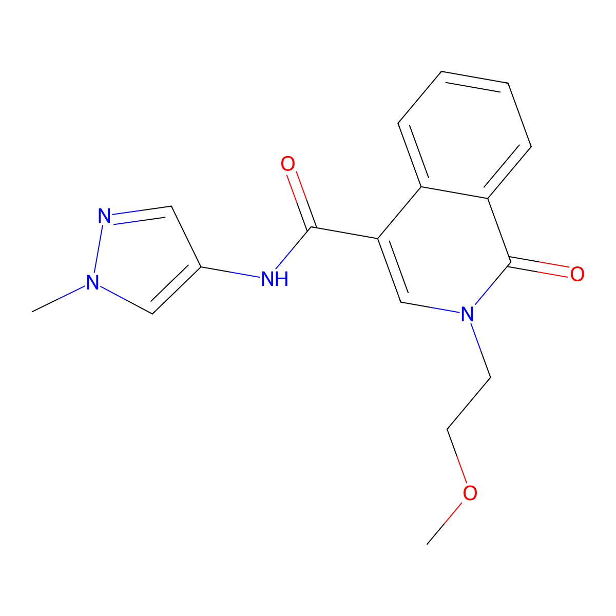 2-(2-methoxyethyl)-N-(1-methyl-1H-pyrazol-4-yl)-1-oxo-1,2-dihydroisoquinoline-4-carboxamide molecular structure, CAS 1351698-55-9