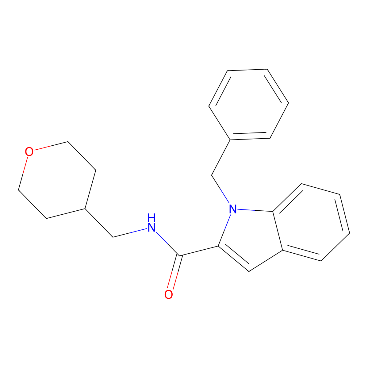 1-benzyl-N-(tetrahydro-2H-pyran-4-ylmethyl)-1H-indole-2-carboxamide molecular structure, CAS 1351699-52-9