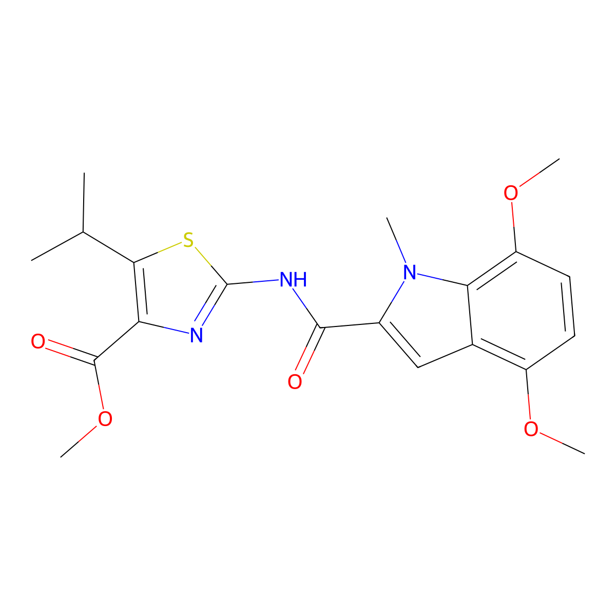 methyl 2-{[(4,7-dimethoxy-1-methyl-1H-indol-2-yl)carbonyl]amino}-5-(propan-2-yl)-1,3-thiazole-4-carboxylate molecular structure, CAS 1351700-12-3
