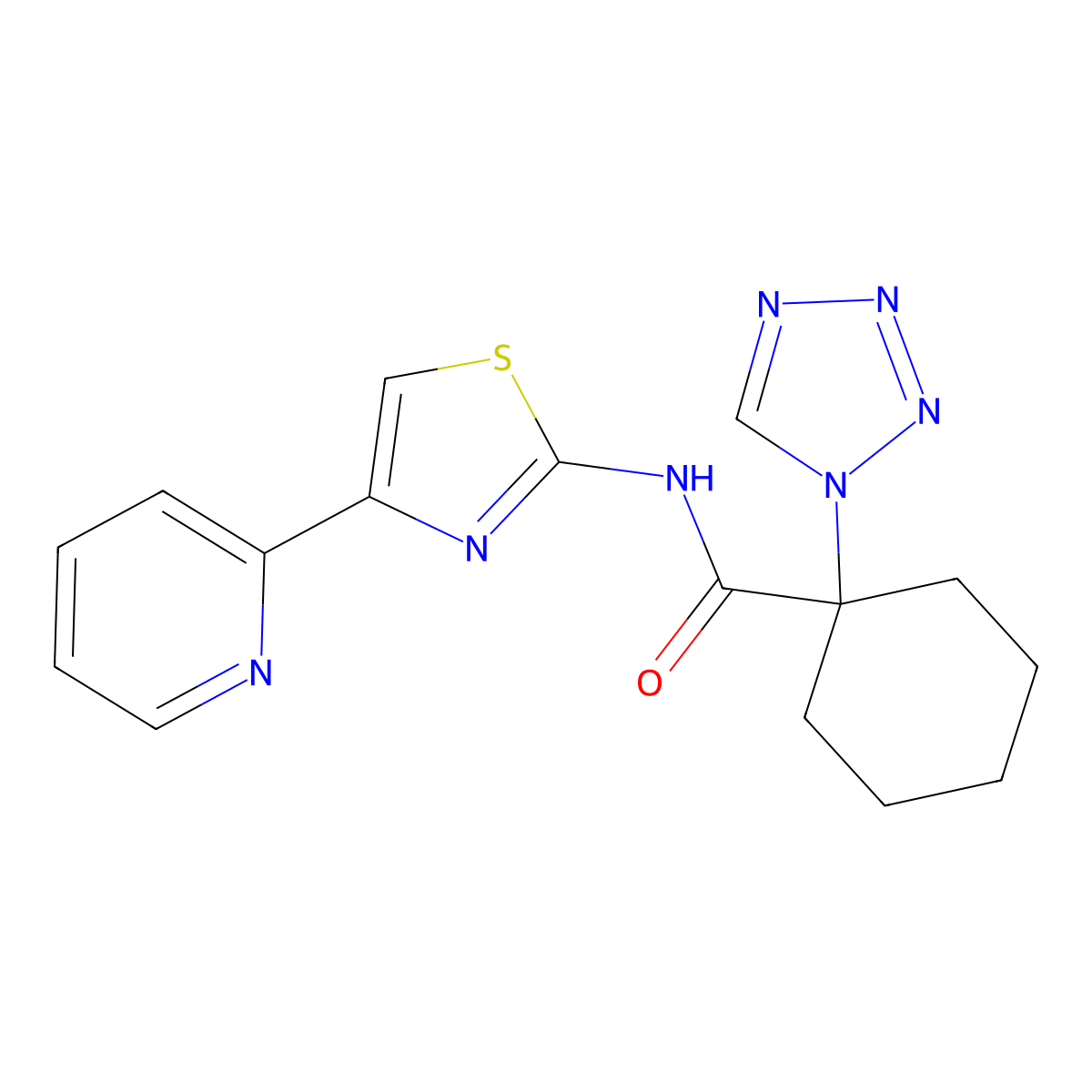 N-(4-(pyridin-2-yl)thiazol-2-yl)-1-(1H-tetrazol-1-yl)cyclohexanecarboxamide molecular structure, CAS 1351700-30-5