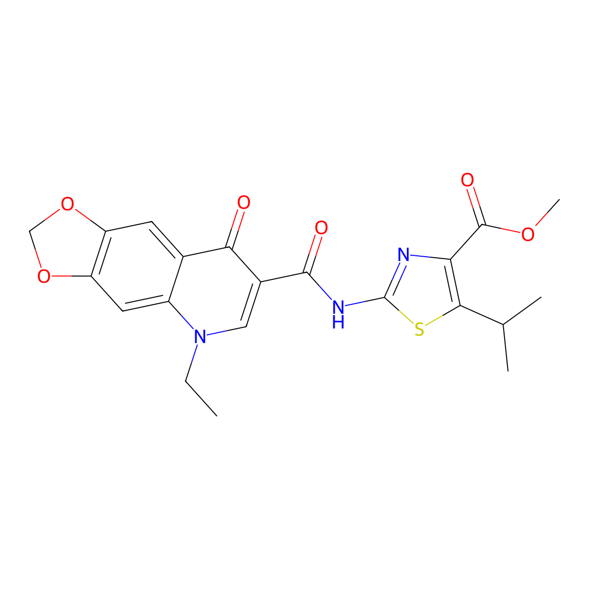 Methyl 2-{[(5-ethyl-8-oxo-5,8-dihydro[1,3]dioxolo[4,5-g]quinolin-7-yl)carbonyl]amino}-5-(propan-2-yl)-1,3-thiazole-4-carboxylate molecular structure, CAS 1351700-35-0