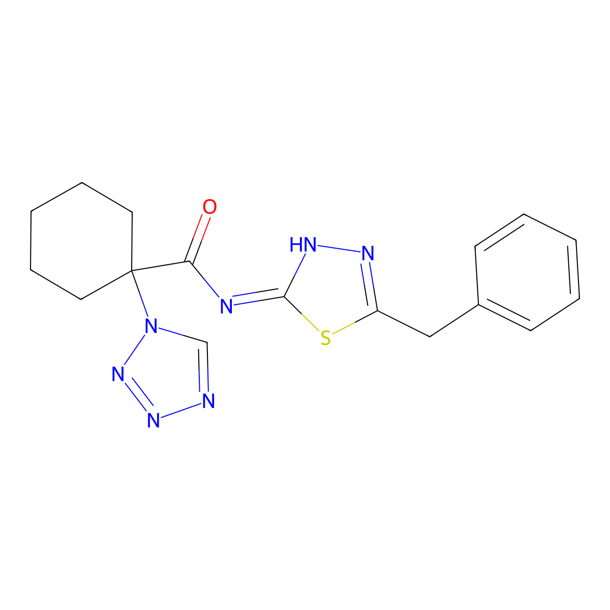 N-(5-benzyl-1,3,4-thiadiazol-2-yl)-1-(1H-tetrazol-1-yl)cyclohexanecarboxamide molecular structure, CAS 1351700-37-2