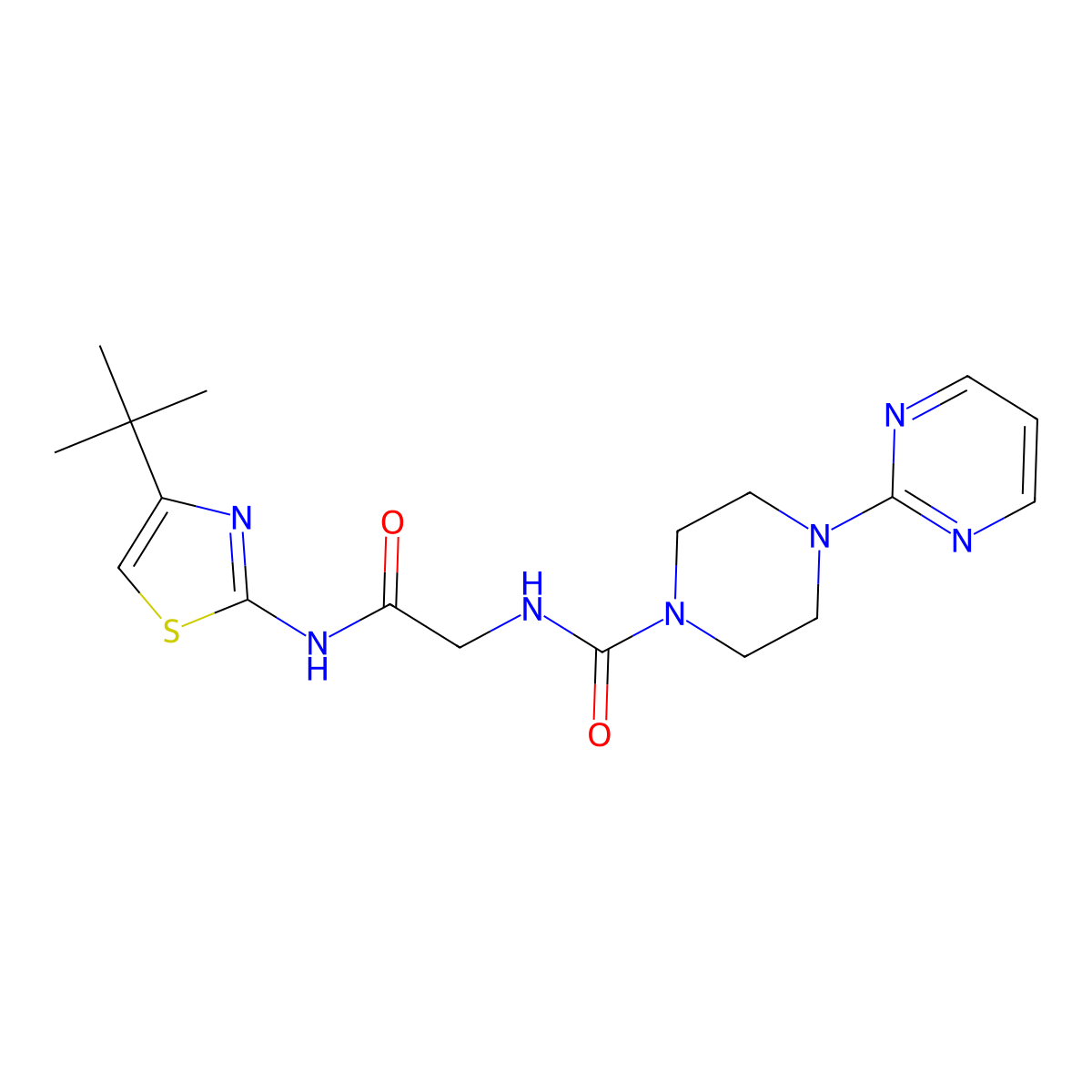 N-(2-((4-(tert-butyl)thiazol-2-yl)amino)-2-oxoethyl)-4-(pyrimidin-2-yl)piperazine-1-carboxamide molecular structure, CAS 1351700-63-4
