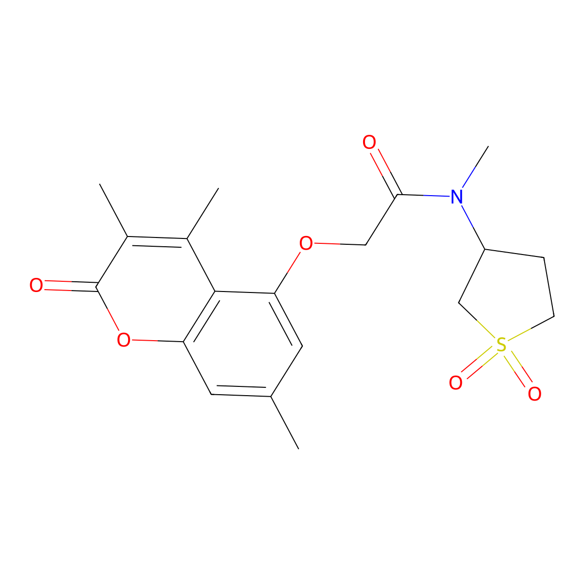 N-(1,1-dioxidotetrahydrothiophen-3-yl)-N-methyl-2-((3,4,7-trimethyl-2-oxo-2H-chromen-5-yl)oxy)acetamide molecular structure, CAS 1351700-71-4