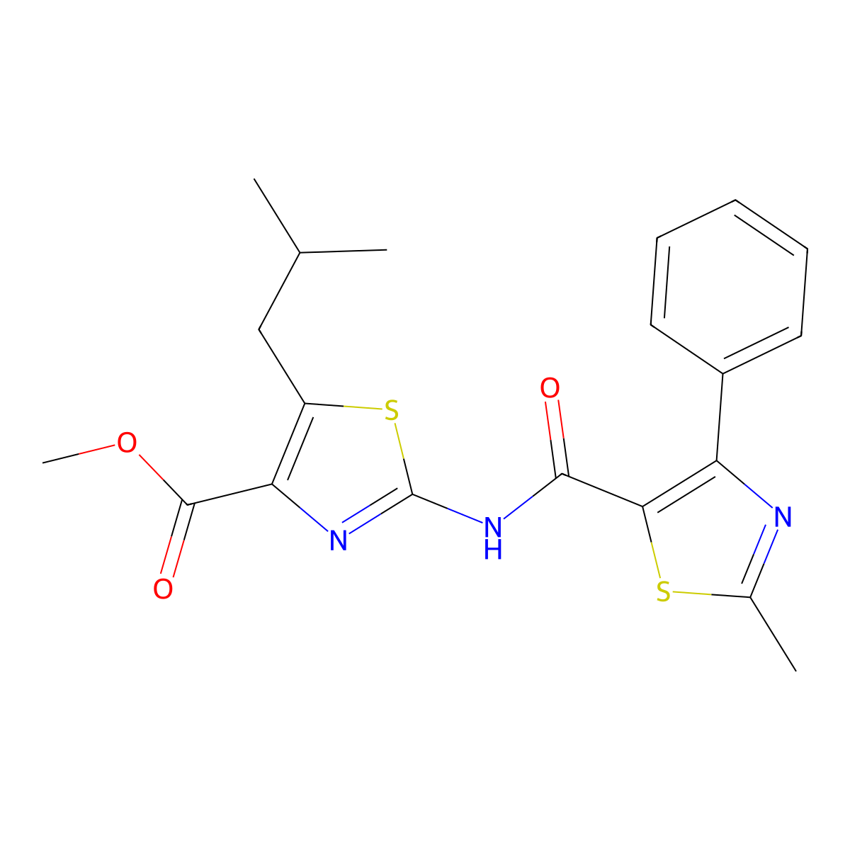 Methyl 2-{[(2-methyl-4-phenyl-1,3-thiazol-5-yl)carbonyl]amino}-5-(2-methylpropyl)-1,3-thiazole-4-carboxylate molecular structure, CAS 1351700-85-0