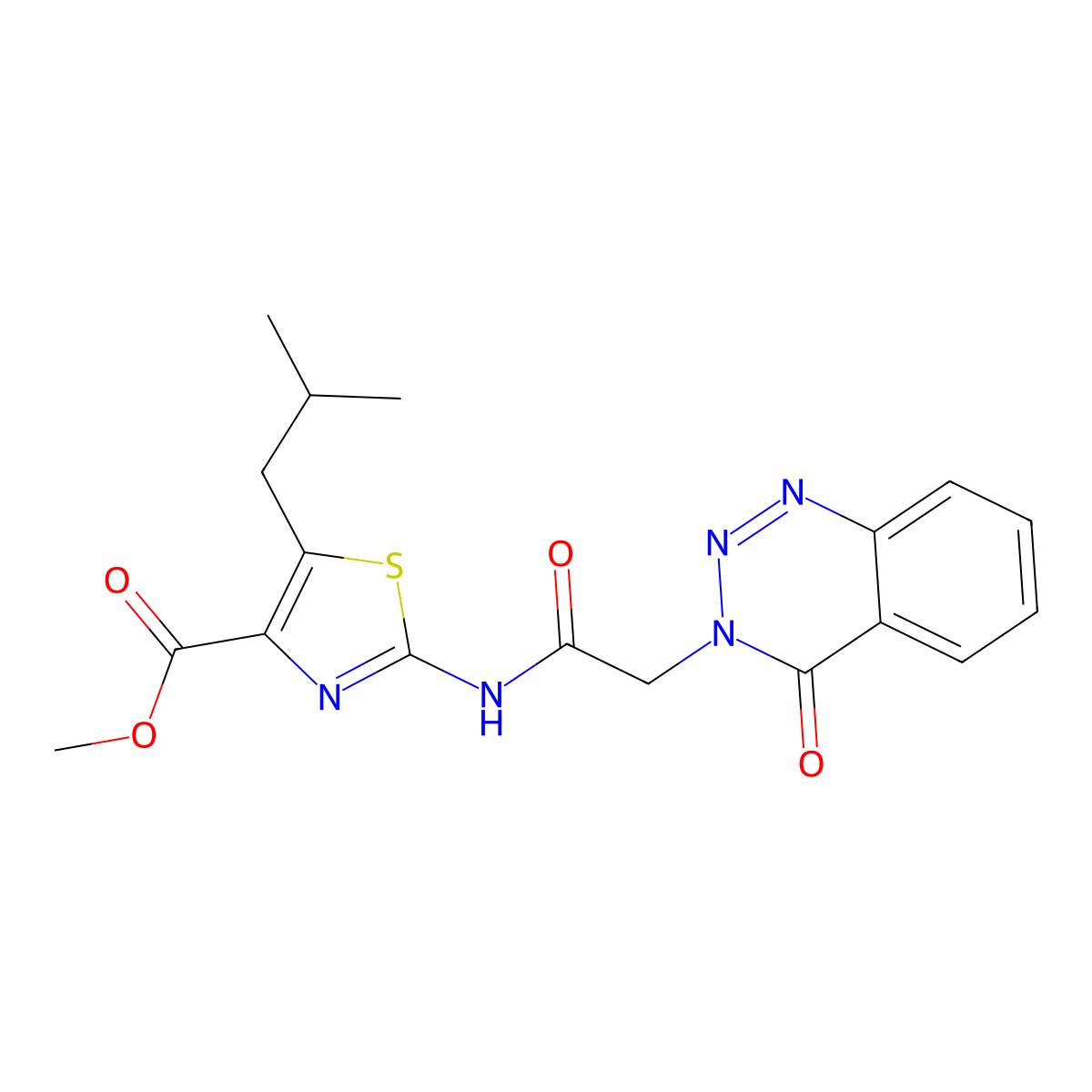 methyl 5-(2-methylpropyl)-2-{[(4-oxo-1,2,3-benzotriazin-3(4H)-yl)acetyl]amino}-1,3-thiazole-4-carboxylate molecular structure, CAS 1351700-89-4
