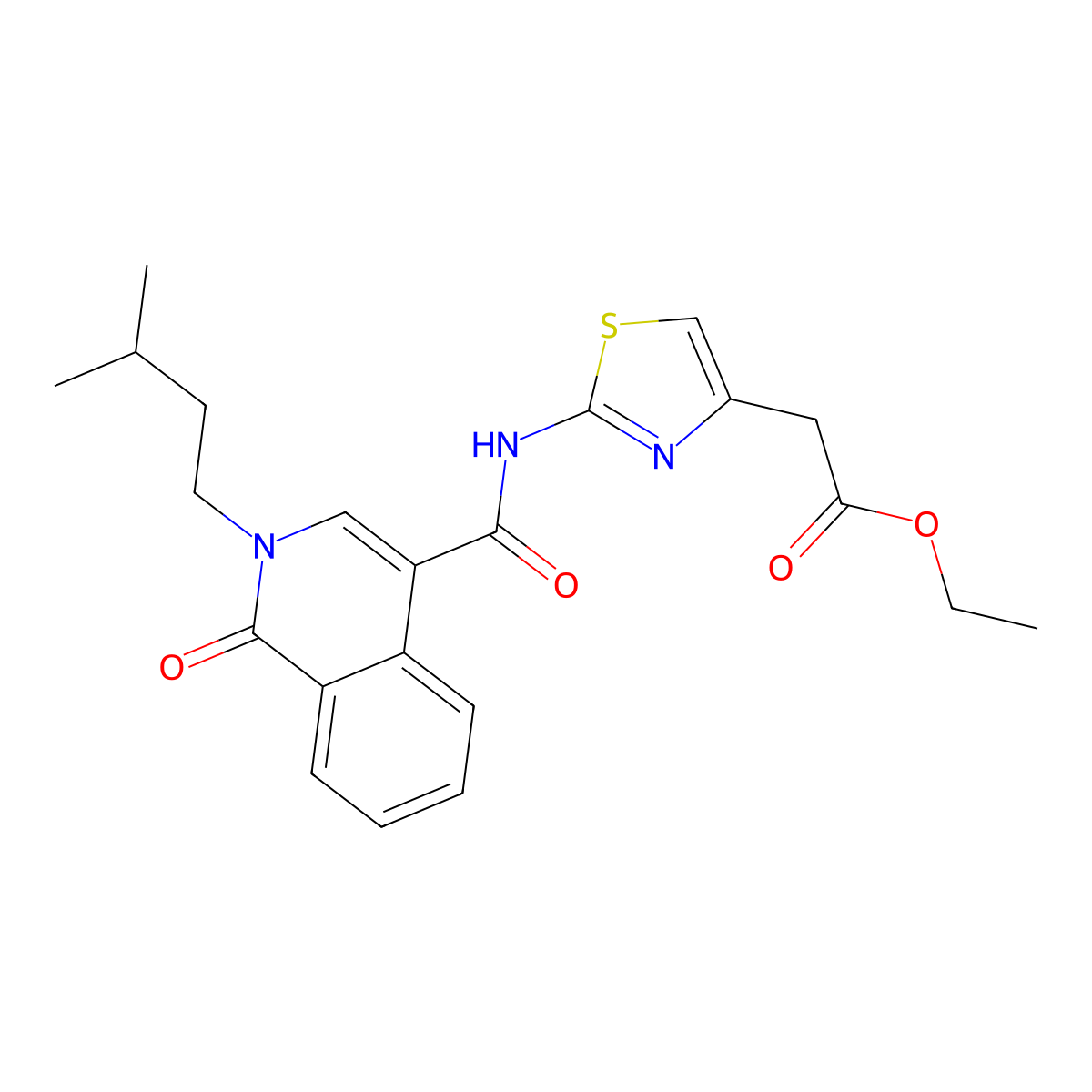 Ethyl [2-({[2-(3-methylbutyl)-1-oxo-1,2-dihydroisoquinolin-4-yl]carbonyl}amino)-1,3-thiazol-4-yl]acetate molecular structure, CAS 1351700-98-5