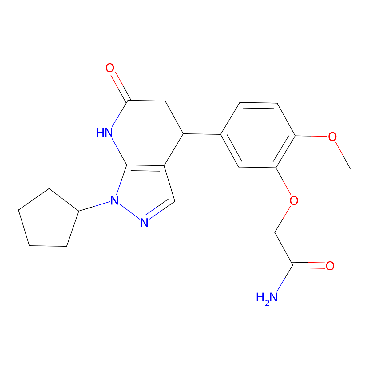 2-(5-(1-cyclopentyl-6-oxo-4,5,6,7-tetrahydro-1H-pyrazolo[3,4-b]pyridin-4-yl)-2-methoxyphenoxy)acetamide molecular structure, CAS 1351701-06-8