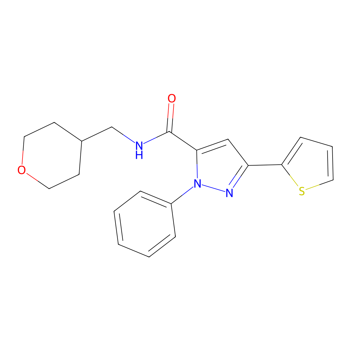 1-phenyl-N-(tetrahydro-2H-pyran-4-ylmethyl)-3-(2-thienyl)-1H-pyrazole-5-carboxamide molecular structure, CAS 1351701-35-3