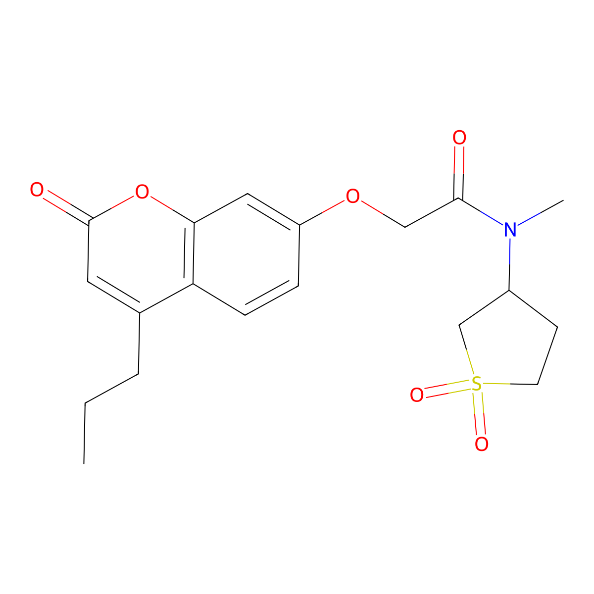 N-(1,1-dioxidotetrahydrothiophen-3-yl)-N-methyl-2-((2-oxo-4-propyl-2H-chromen-7-yl)oxy)acetamide molecular structure, CAS 1351701-64-8