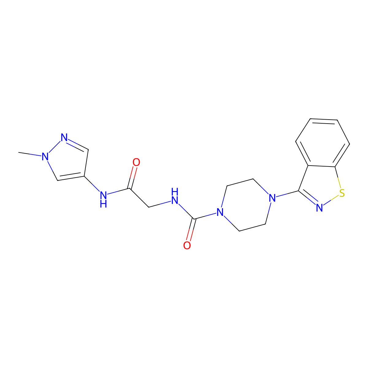 4-(1,2-benzothiazol-3-yl)-N-{2-[(1-methyl-1H-pyrazol-4-yl)amino]-2-oxoethyl}piperazine-1-carboxamide molecular structure, CAS 1351701-77-3