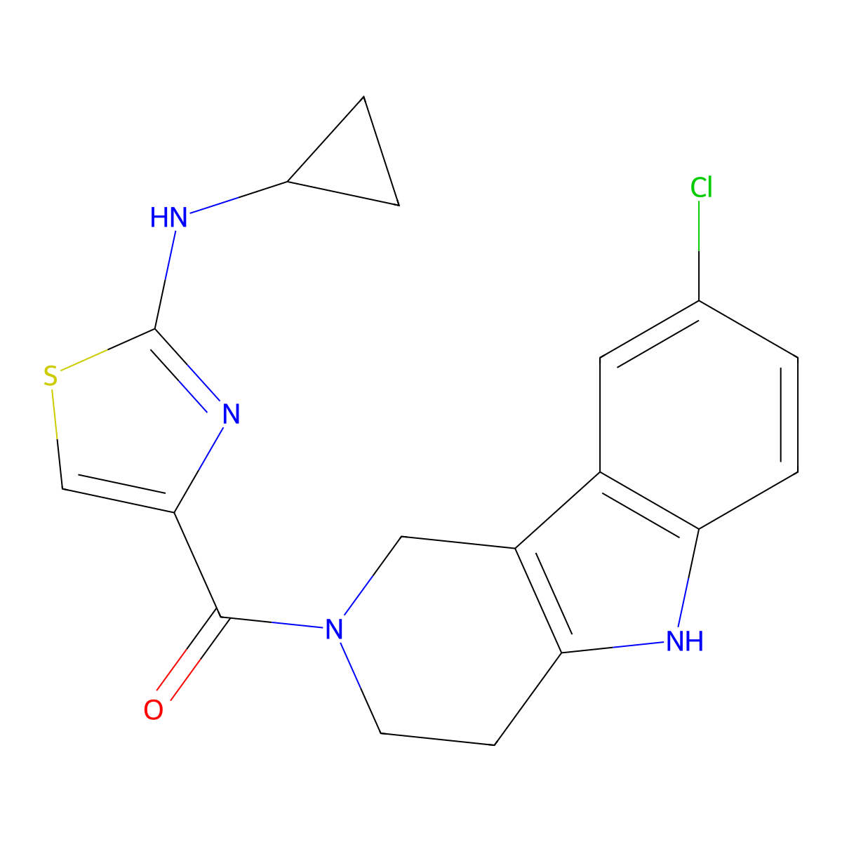 (8-chloro-1,3,4,5-tetrahydro-2H-pyrido[4,3-b]indol-2-yl)[2-(cyclopropylamino)-1,3-thiazol-4-yl]methanone molecular structure, CAS 1351702-31-2