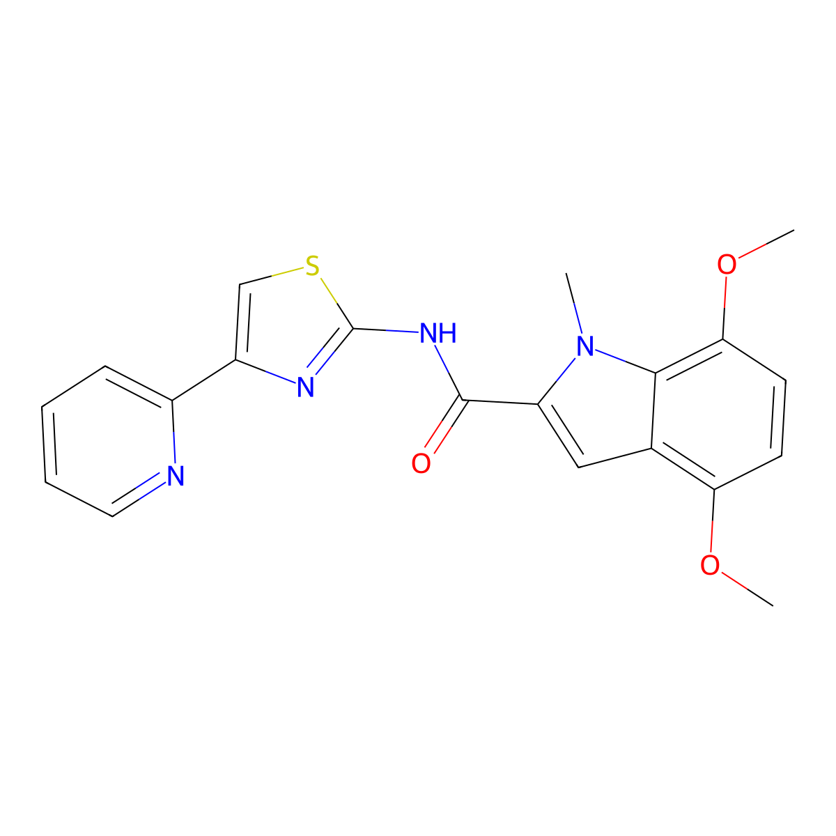 4,7-dimethoxy-1-methyl-N-(4-(pyridin-2-yl)thiazol-2-yl)-1H-indole-2-carboxamide molecular structure, CAS 1351703-42-8