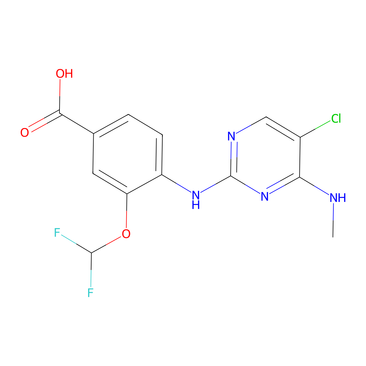 4-((5-Chloro-4-(methylamino)pyrimidin-2-yl)amino)-3-(difluoromethoxy)benzoic acid molecular structure, CAS 1351762-28-1