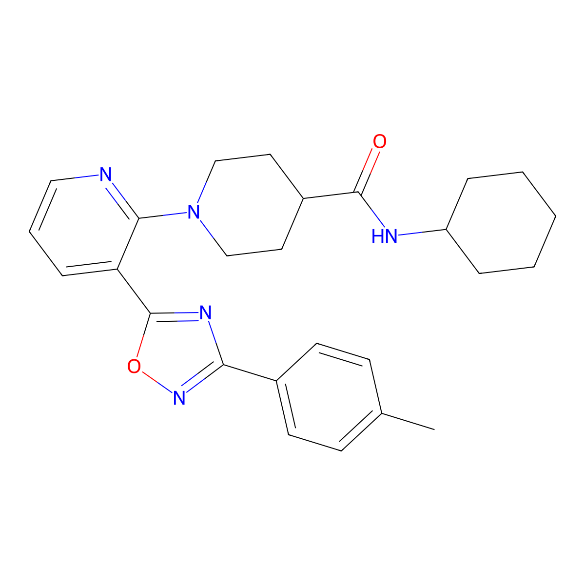 N-cyclohexyl-1-{3-[3-(4-methylphenyl)-1,2,4-oxadiazol-5-yl]pyridin-2-yl}piperidine-4-carboxamide molecular structure, CAS 1351772-04-7