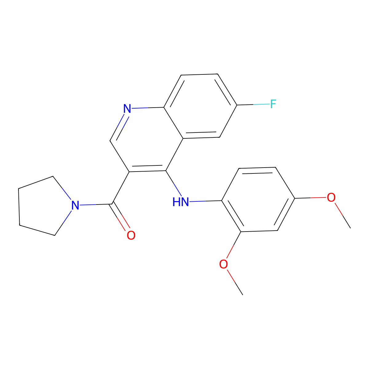 {4-[(2,4-Dimethoxyphenyl)amino]-6-fluoroquinolin-3-yl}(pyrrolidin-1-yl)methanone molecular structure, CAS 1351777-71-3