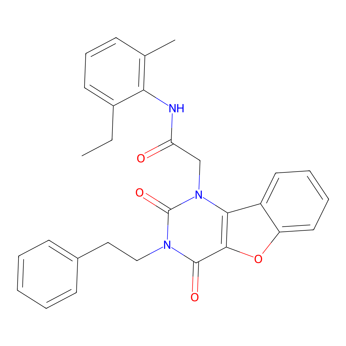 Benzofuro[3,2-d]pyrimidine-1(2H)-acetamide, N-(2-ethyl-6-methylphenyl)-3,4-dihydro-2,4-dioxo-3-(2-phenylethyl)- molecular structure, CAS 1351780-16-9