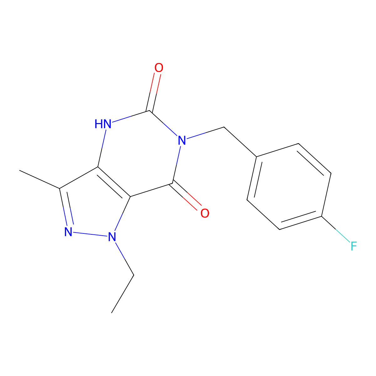 1-ethyl-6-(4-fluorobenzyl)-3-methyl-1H-pyrazolo[4,3-d]pyrimidine-5,7(4H,6H)-dione molecular structure, CAS 1351780-30-7