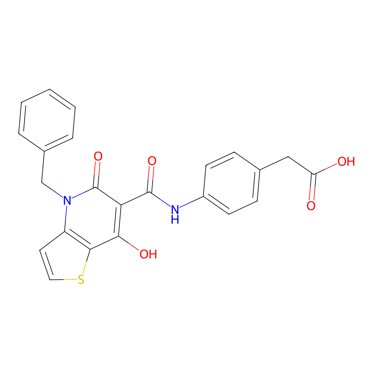 2-(4-{4-benzyl-7-hydroxy-5-oxo-4H,5H-thieno[3,2-b]pyridine-6-amido}phenyl)acetic acid molecular structure, CAS 1351780-44-3